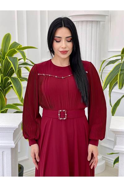 Önü Pilise Taşlı Şifon Elbise 3739 Bordo