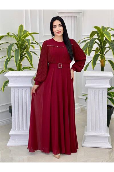 Önü Pilise Taşlı Şifon Elbise 3739 Bordo