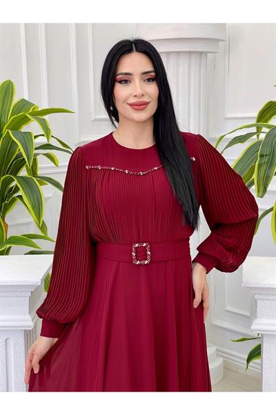 Önü Pilise Taşlı Şifon Elbise 3739 Bordo