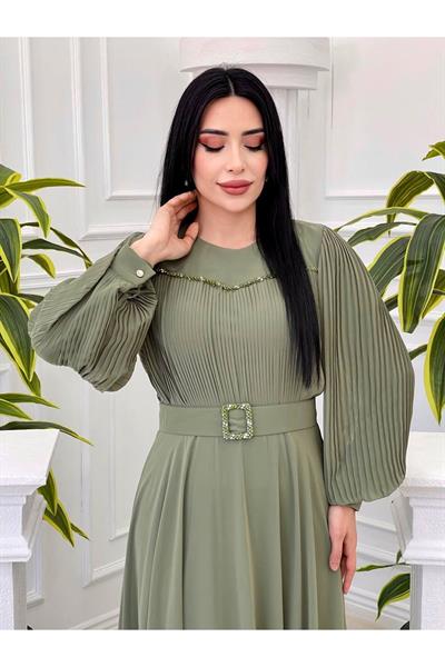 Önü Pilise Taşlı Şifon Elbise 3739 Yeşil