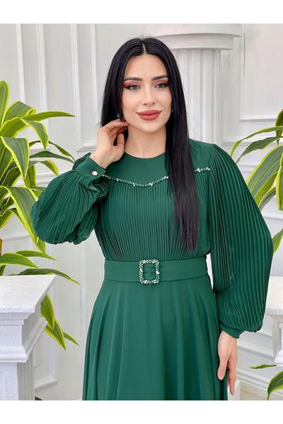 Önü Pilise Taşlı Şifon Elbise 3739 Zümrüt Yeşil