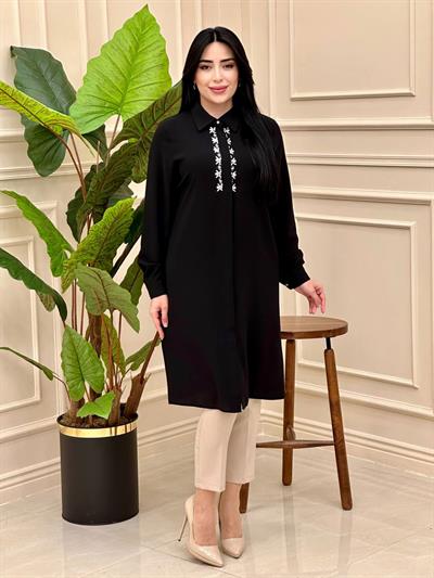 Önü Taş Düğmeli Polo Tunik 1017 T025 Siyah