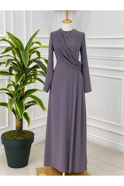 Önü Taş İşleme Elbise 5102 Gri