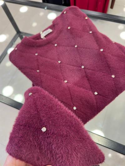 Önü Taşlı Baklavalı Angora Tunik 140293 T-25 Bordo