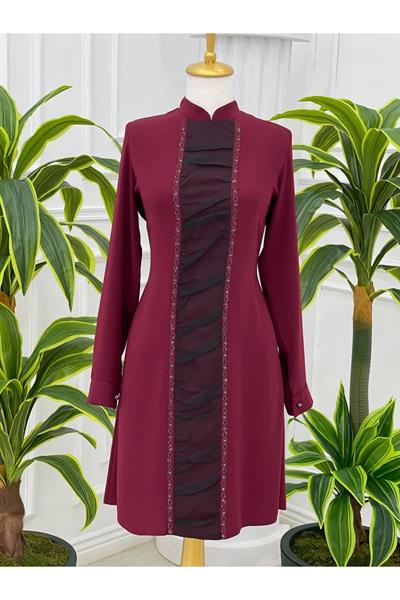 Önü Tül Drape Tunik 750 Bordo