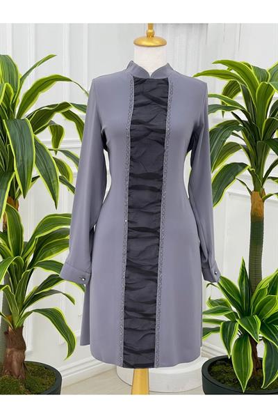 Önü Tül Drape Tunik 750 Gri