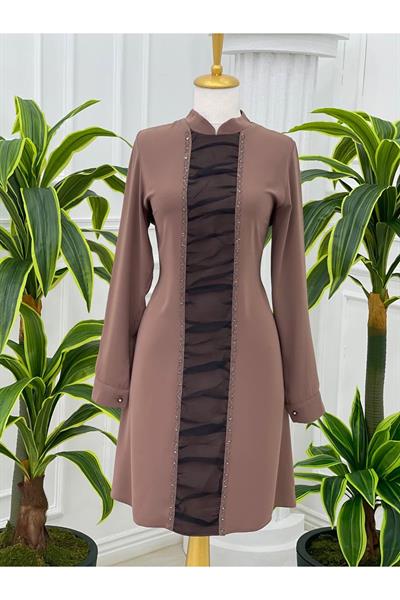 Önü Tül Drape Tunik 750 Kahverengi