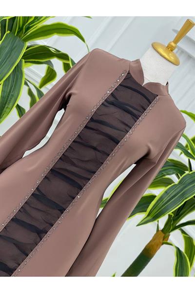 Önü Tül Drape Tunik 750 Kahverengi