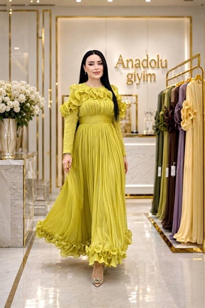 Önü Ve Etek Ucu Fır Fır Organz Elbise 5569 T-26 Asit Sarısı