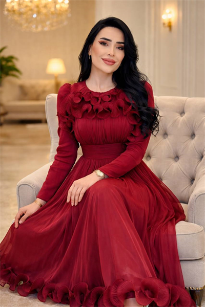 Önü Ve Etek Ucu Fır Fır Organz Elbise 5569 T-26 Bordo