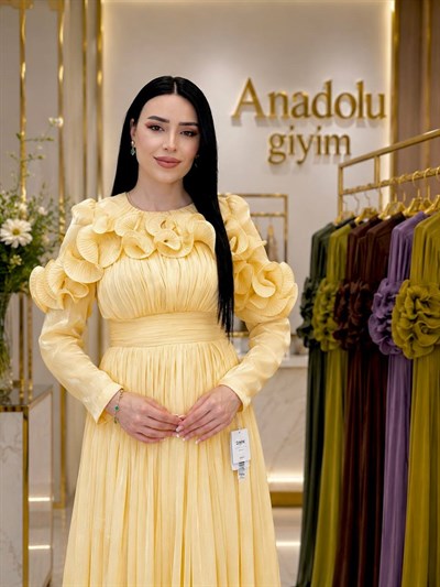 Önü Ve Etek Ucu Fır Fır Organz Elbise 5569 T-26 Sarı