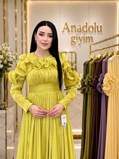 Önü Ve Etek Ucu Fır Fır Organz Elbise 5569 T-26 Asit Sarısı