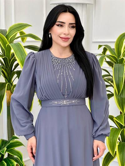 Önü ve Kemer Taş İşleme Şifon Elbise 2054 t-24 Gri