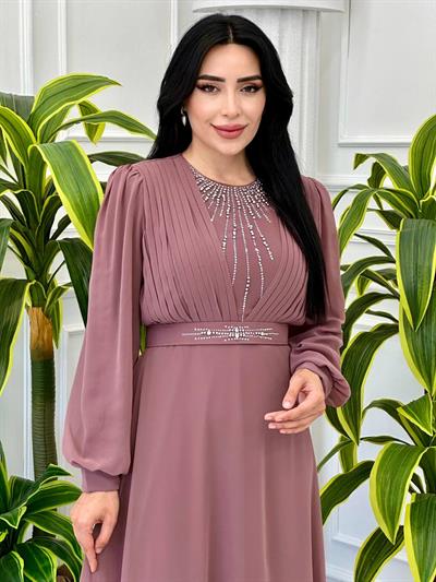 Önü ve Kemer Taş İşleme Şifon Elbise 2054 t-24 Rose