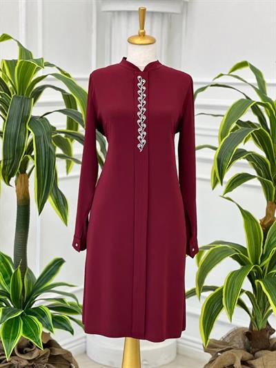 Önü Yaprak Taş İşleme Tunik 873 T-24 Bordo