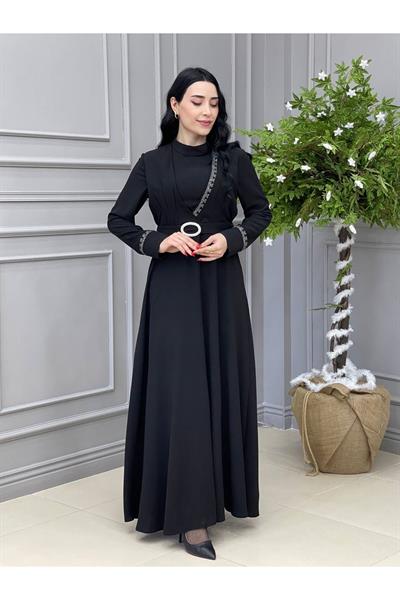 Önü Yarım Taşlı Elbise 5517 Siyah