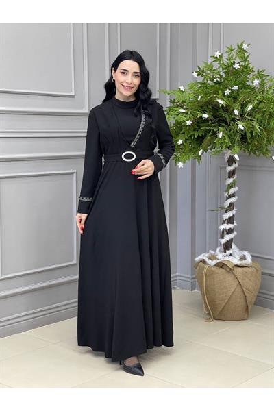 Önü Yarım Taşlı Elbise 5517 Siyah