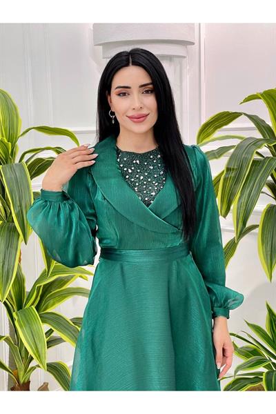 Organize Onü Taşlı Elbise 3846 Yeşil