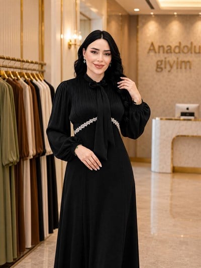 Organz Detay Fularlı Krep Elbise 5570 T-26 Siyah