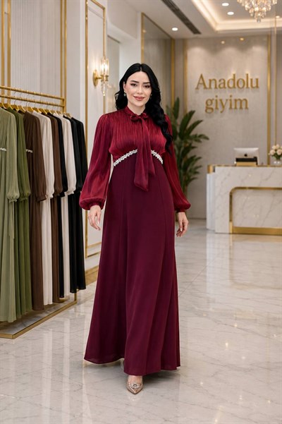 Organz Detay Fularlı Krep Elbise 5570 T-26 Bordo