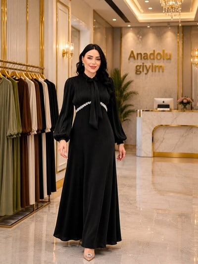 Organz Detay Fularlı Krep Elbise 5570 T-26 Siyah