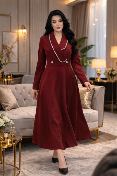 Örgü Taş Şerit Elbise 0525 T-26 Bordo
