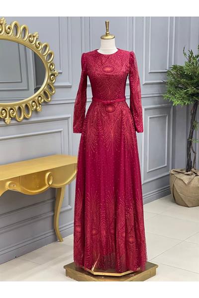 Osmanlı Desen Simli Abiye 15300 Kırmızı