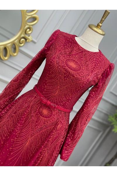 Osmanlı Desen Simli Abiye 15300 Kırmızı