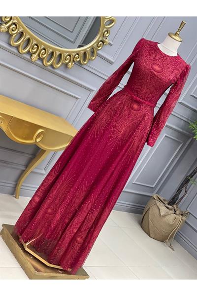 Osmanlı Desen Simli Abiye 15300 Kırmızı
