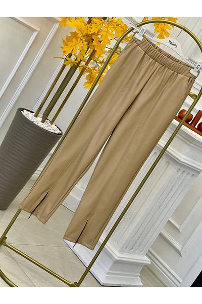Paça Fermuar Deri Pantolon 713 Bej