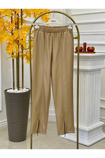 Paça Fermuar Deri Pantolon 713 Bej