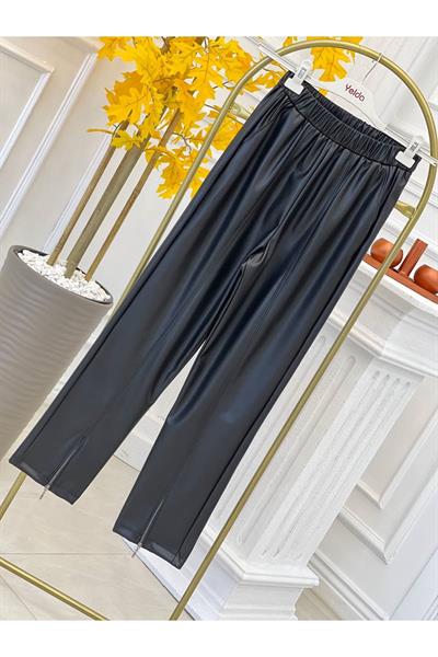 Paça Fermuar Deri Pantolon 713 Siyah