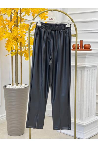 Paça Fermuar Deri Pantolon 713 Siyah