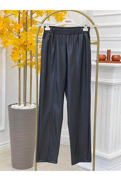 Paça Yırtmaç Deri Pantolon 712 Siyah