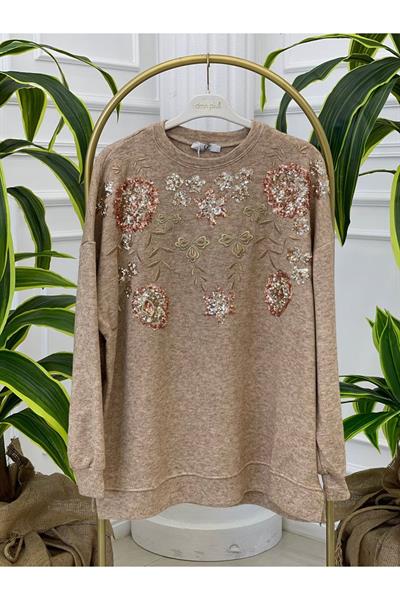 Palet Nakışlı Oversize Bluz 1486 Bej