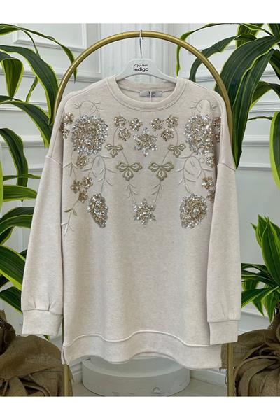 Palet Nakışlı Oversize Bluz 1486 Beyaz