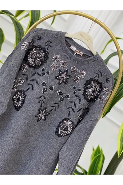 Palet Nakışlı Oversize Bluz 1486 Gri