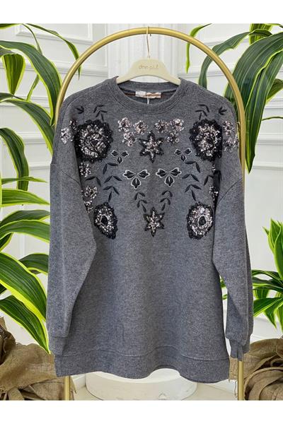 Palet Nakışlı Oversize Bluz 1486 Gri