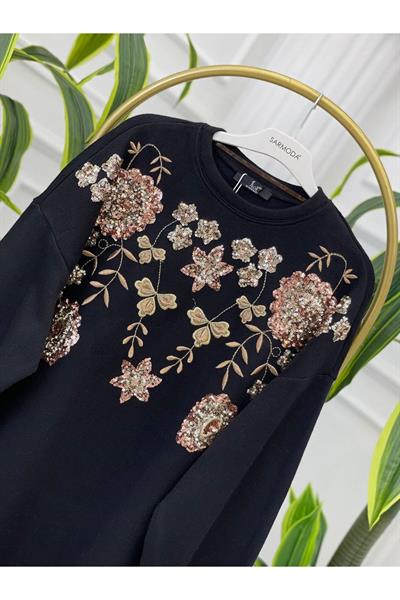 Palet Nakışlı Oversize Bluz 1486 Siyah