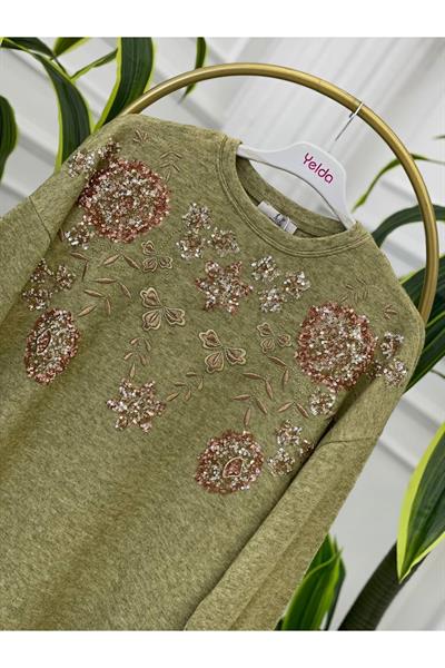Palet Nakışlı Oversize Bluz 1486 Yeşil