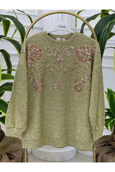 Palet Nakışlı Oversize Bluz 1486 Yeşil