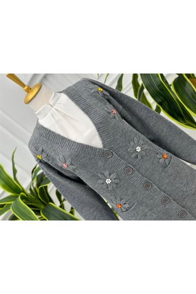 Papatya İşleme Hırka 7625 Gri