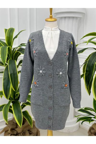 Papatya İşleme Hırka 7625 Gri