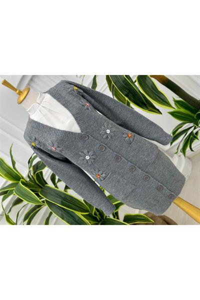 Papatya İşleme Hırka 7625 Gri