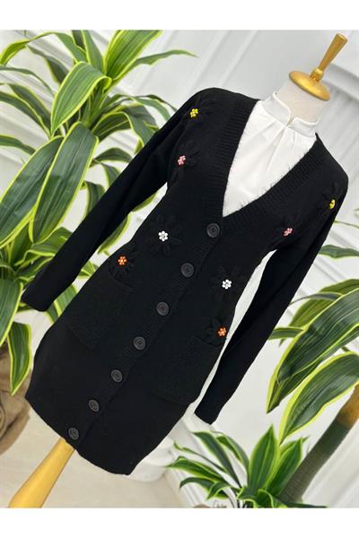 Papatya İşleme Hırka 7625 Siyah