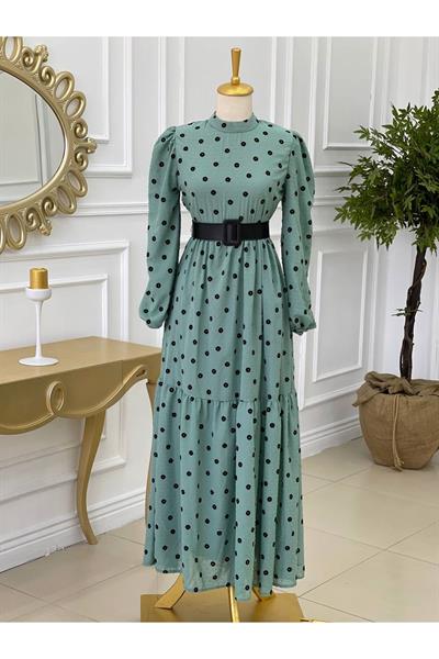 Papatya Kapartma Elbise 1225 Mint yeşili
