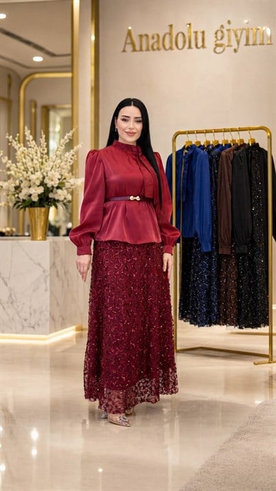 Payet İşleme JanJan Etekli Takım 7036 T-26 Bordo