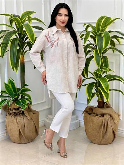 Payet İşleme Keten Gömlek 24064 t-024 Bej