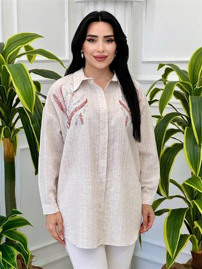 Payet İşleme Keten Gömlek 24064 t-024 Bej