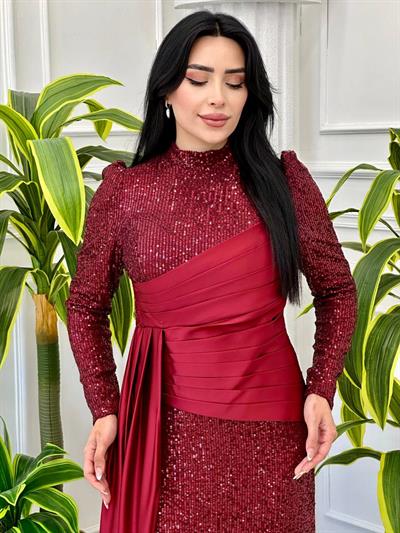 Payet Saten Kombinli Abiye 4024 t-24 Bordo